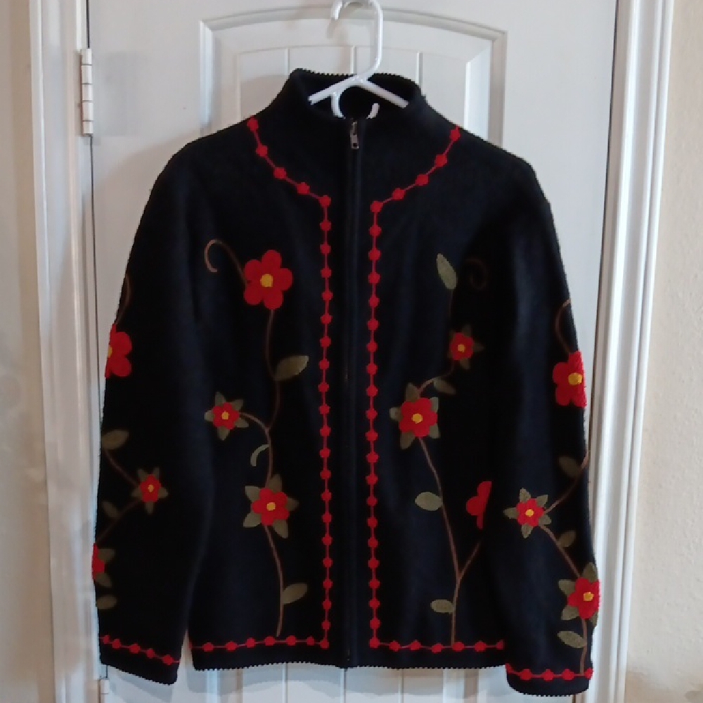 Vtg Pure & Simple Boiled Wool Crewel Embroidery Floral Sweater Jacket